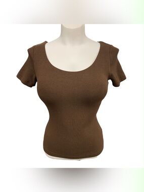 OGL Brown Scoop Neck Short Sleeve Ribbed Top Size S